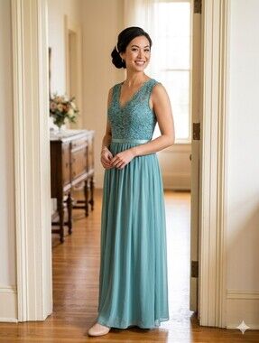 David's Bridal Teal Lace Bodice Chiffon Maxi Dress Bridesmaid Formal Gown Sz 12